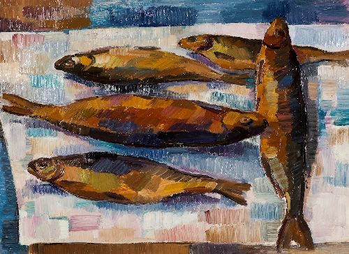 Купить картину Аманжолова (Натюрморт с рыбами)