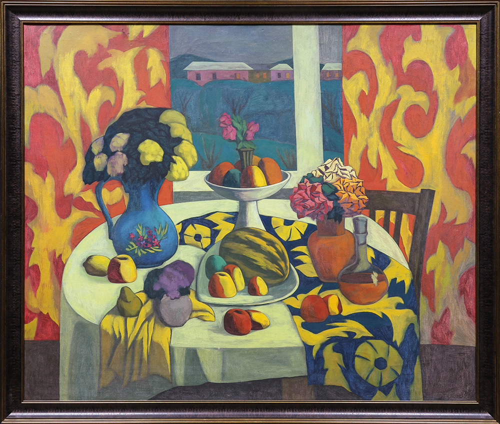 Купить картину Есиркеева (Натюрморт на красном фоне. Цветы и фрукты)